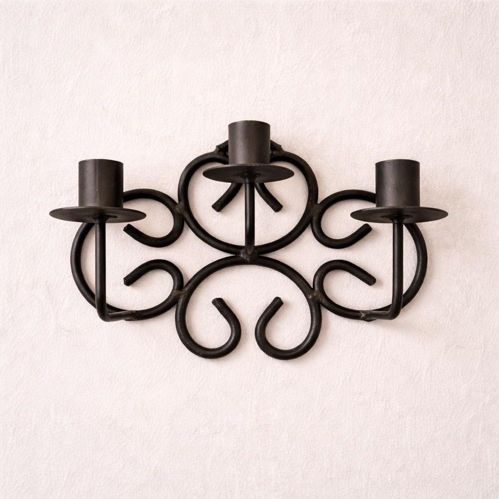 Vintage Wrought Iron‎ Triple Taper Candle Holder Black Scroll Metal Candelabra
